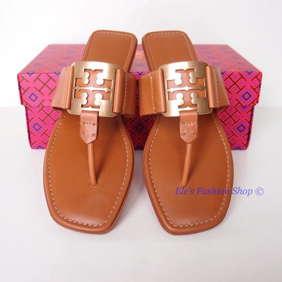 NIB Tory Burch Georgia Logo Leather Thong Sandal Aged Camello US 7 7.5 8 9 9.5 - Picture 5 of 16